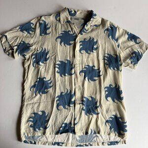 OAS Cream/ Blue Wave Print Camp Collar Resort Shirt - Men's Large